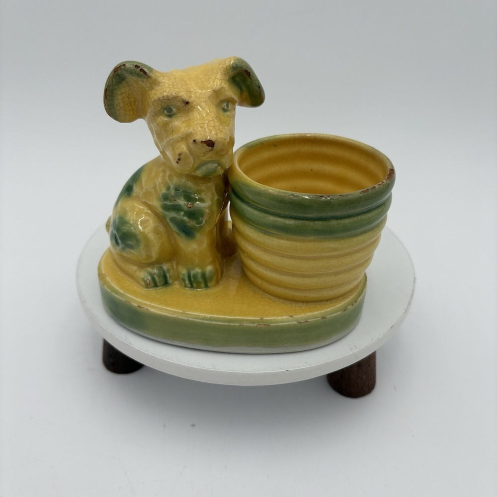 Vintage Made In Japan Ceramic Dog‎ Figurine planter 5"x 4" yellow